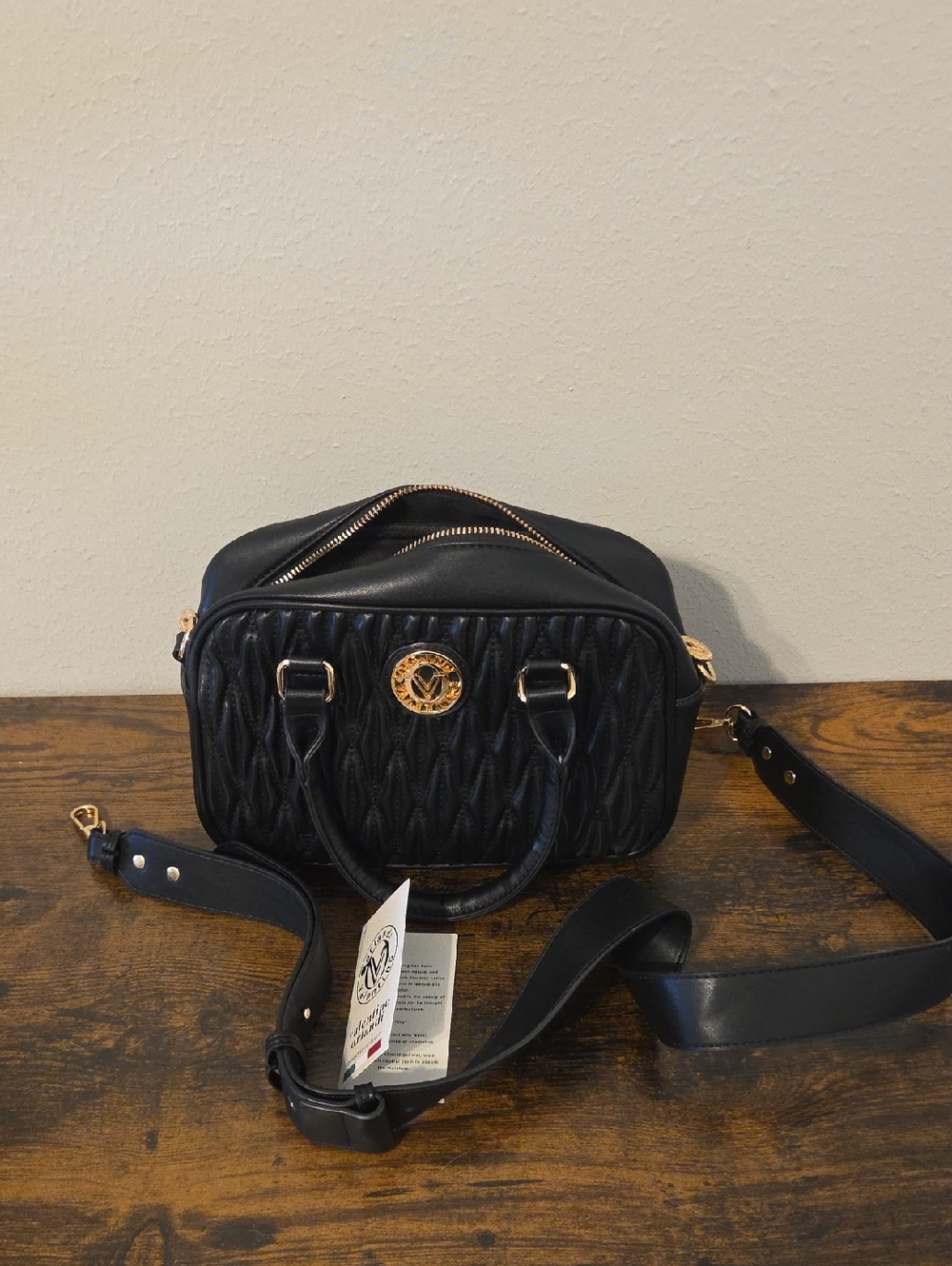 Valentino Orlandi Black Quilted Crossbody with Gold Logo